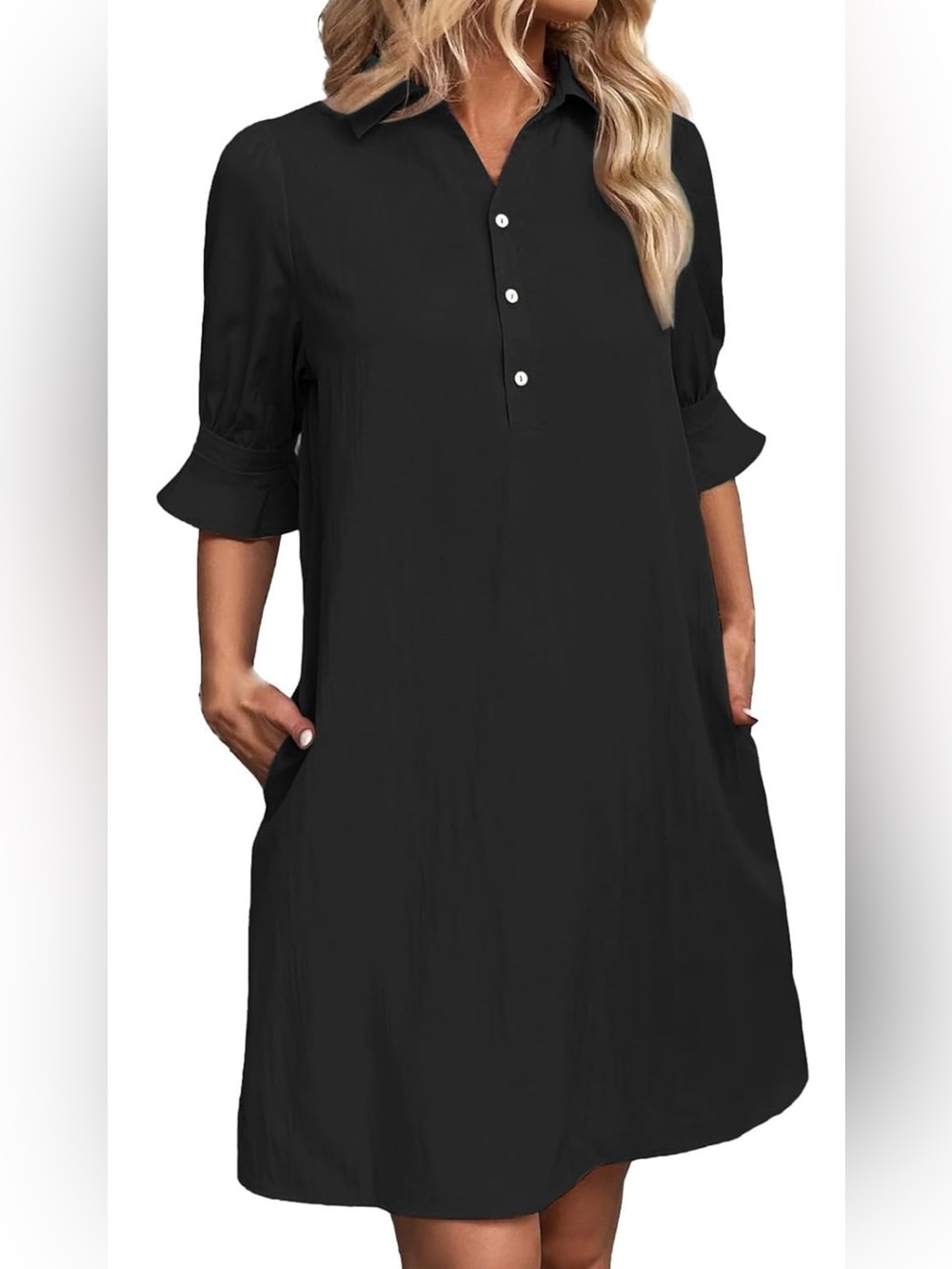 Women’s Black Collared Button-Front Shirt Dress